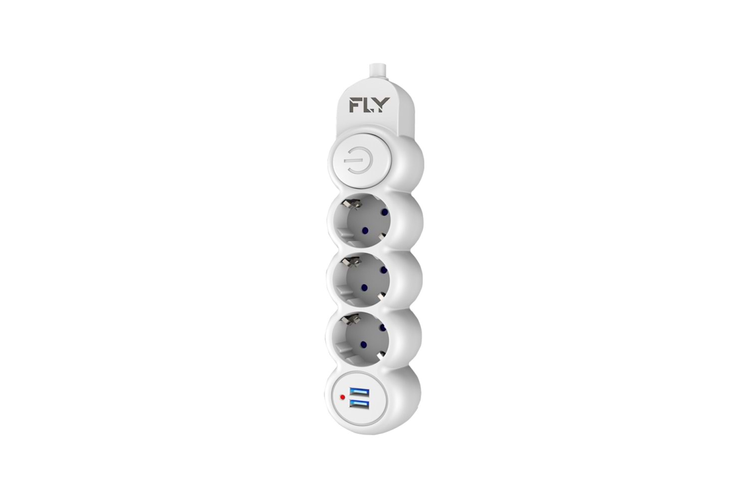 FLY 3393-01, 3 Soket, 2 USB, Akım Korumalı Priz, 2.1A, Anahtarlı, 2Mt Kablo, (Beyaz)