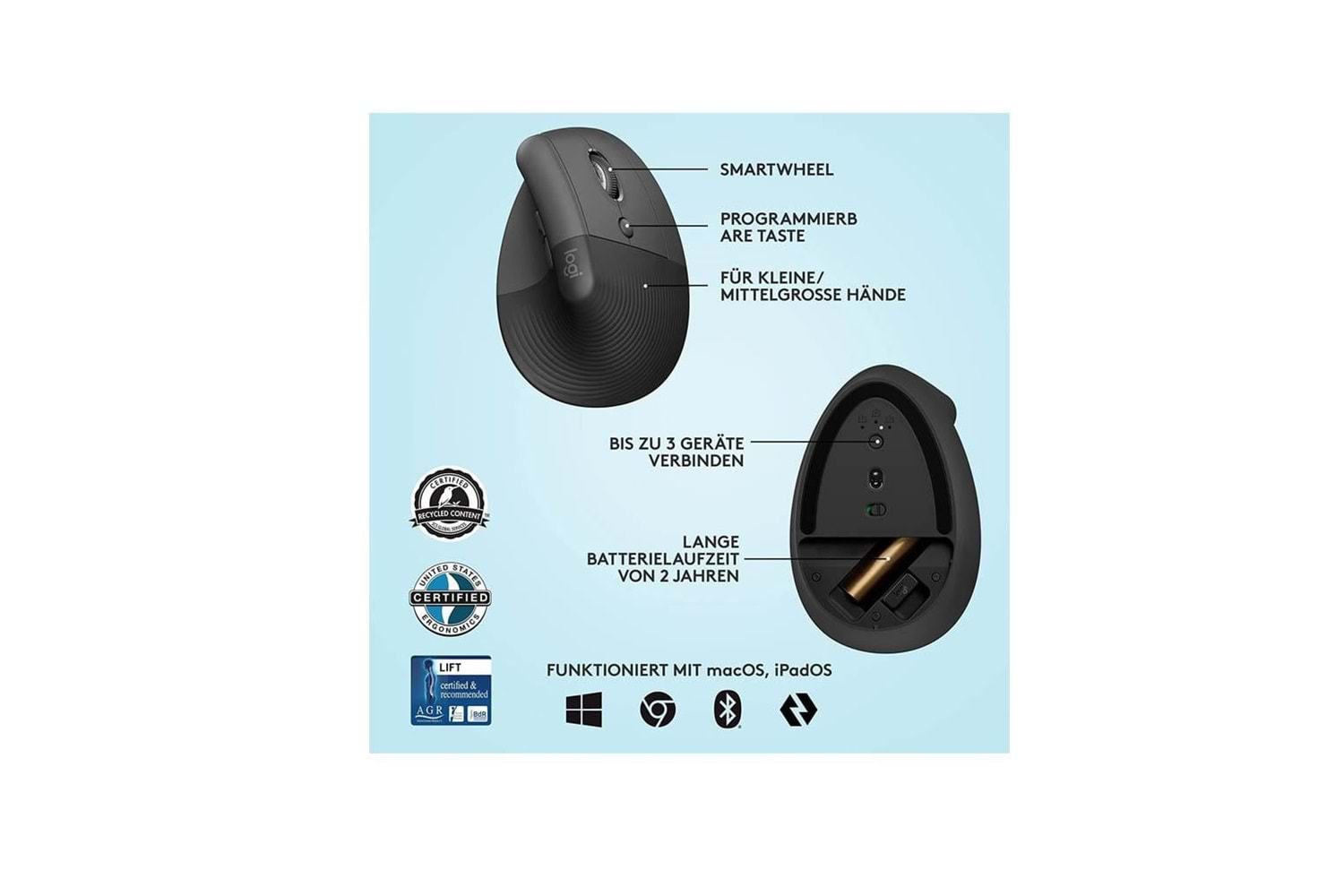 LOGITECH 910-006473, LIFT Siyah, Bluetooth, 1000dpi, Optik, 6 Tuşlu, Kablosuz, Mouse