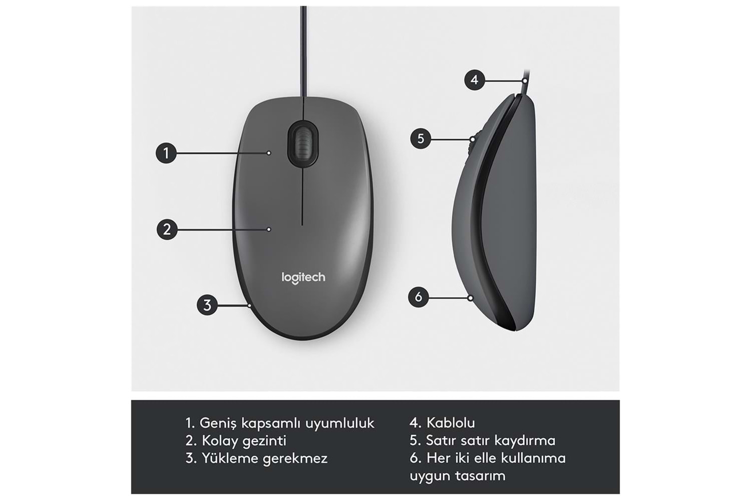 LOGITECH 910-006652, M100 Siyah, USB Kablolu, 1000dpi, Optik, 3 Tuşlu, Mouse