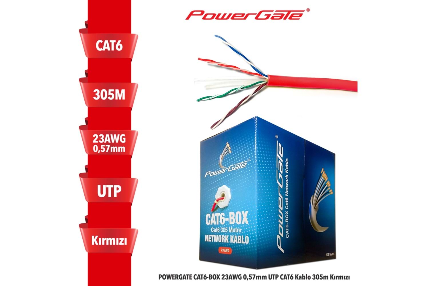 POWERGATE CAT6-BOX-RE, 23AWG, 0,57mm, UTP, CAT6 Kablo, 305m, Kırmızı