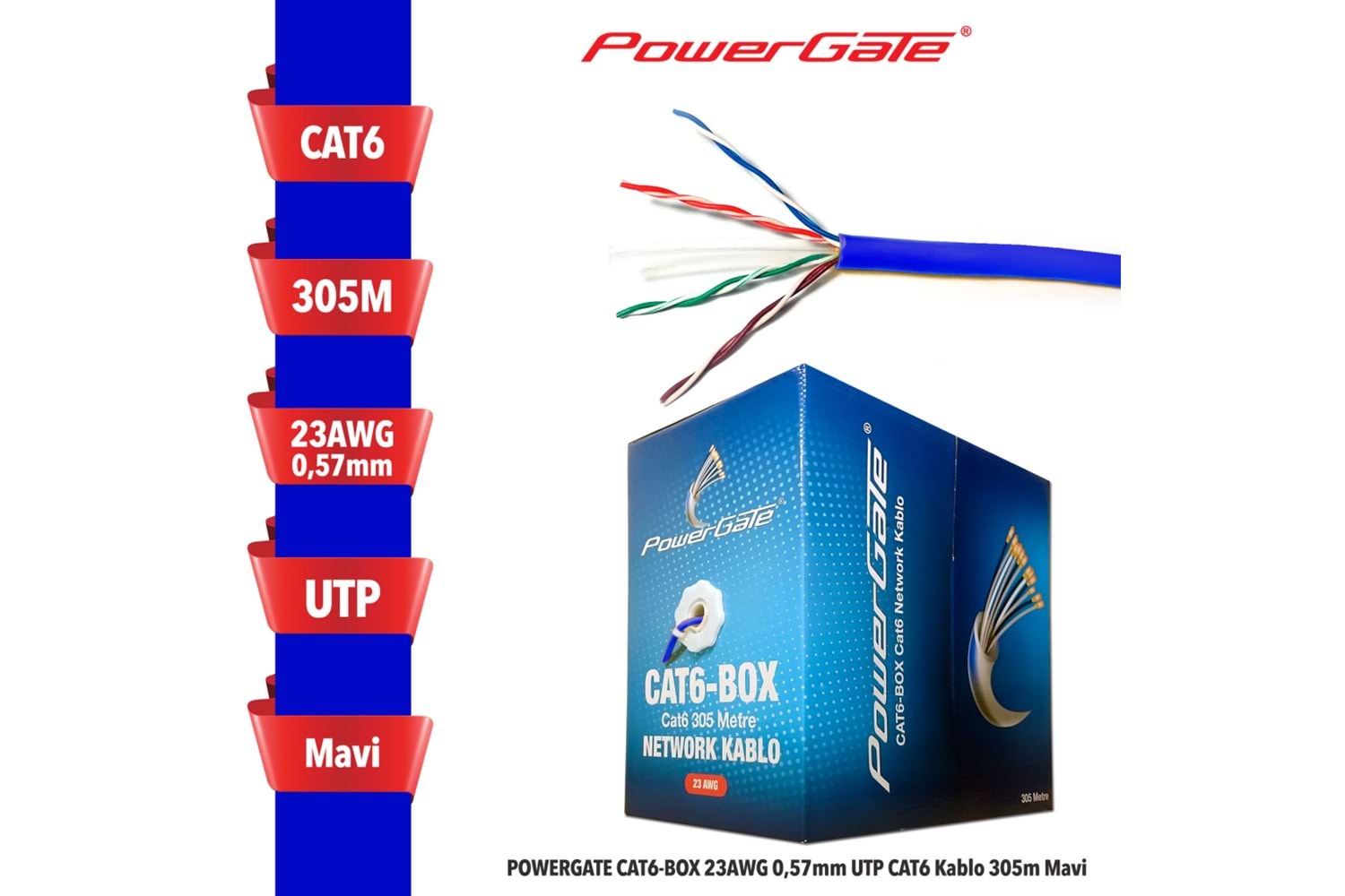 POWERGATE CAT6-BOX-BL, 23AWG 0,57mm, UTP, CAT6 Kablo, 305m, Mavi