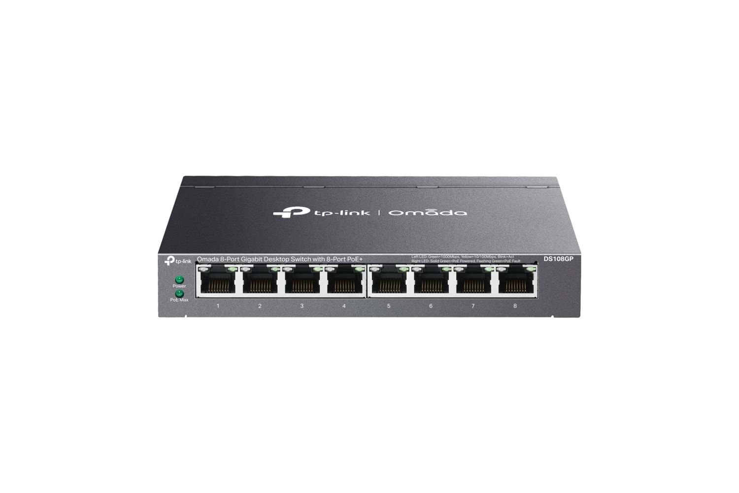 OMADA DS108GP, 8 Port Gigabit, 8 Port Gigabit PoE+, 65W, Yönetilemez, Masaüstü/Vesa Metal Kasa Sessiz Switch
