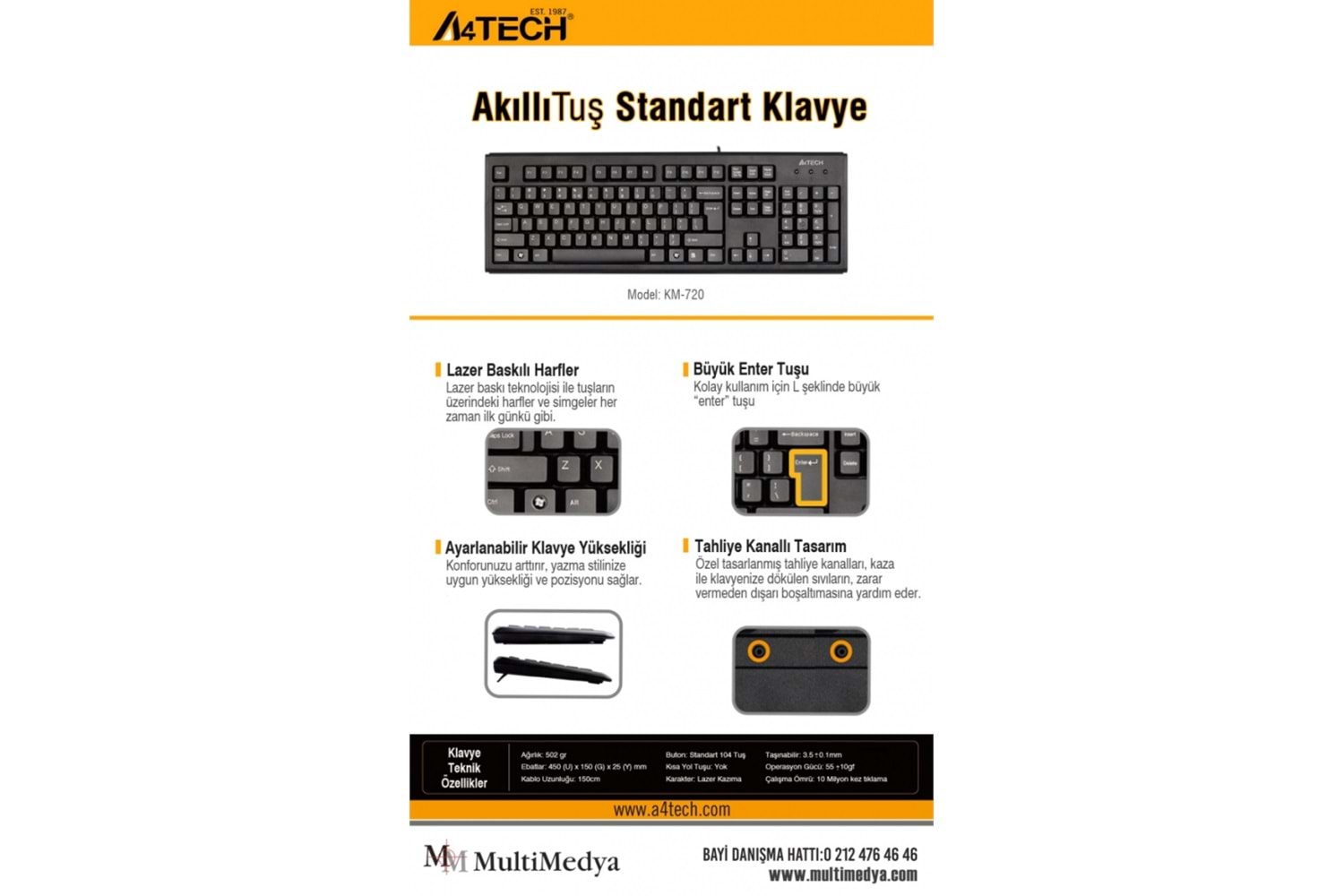 A4 TECH KM-720, Siyah, USB Kablolu, Türkçe Q, Multimedya KLAVYE