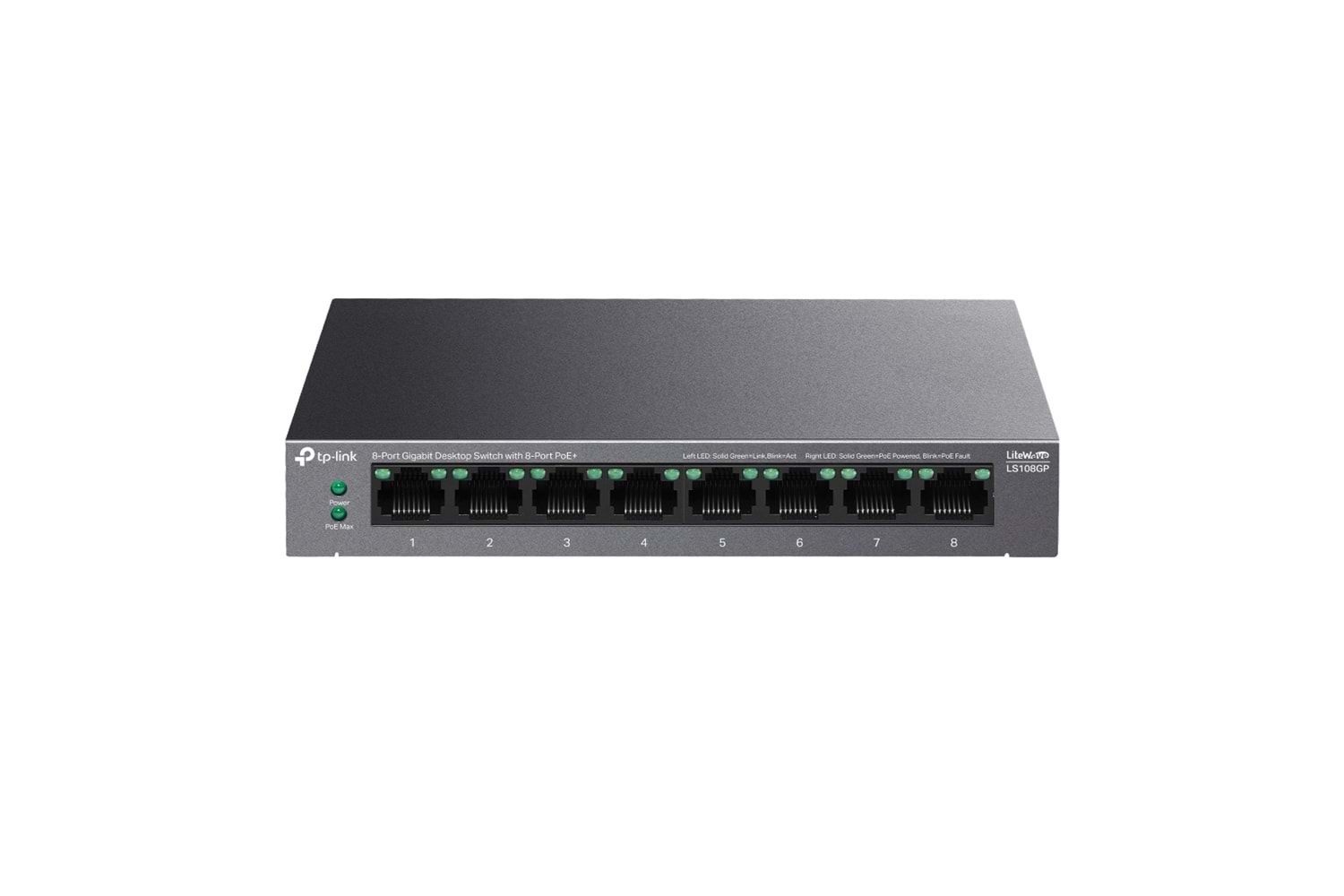 TP-LINK LS108GP, Green Tech, 8 Port GigaBit, PoE 62W, Yönetilemez, Metal Kasalı Switch
