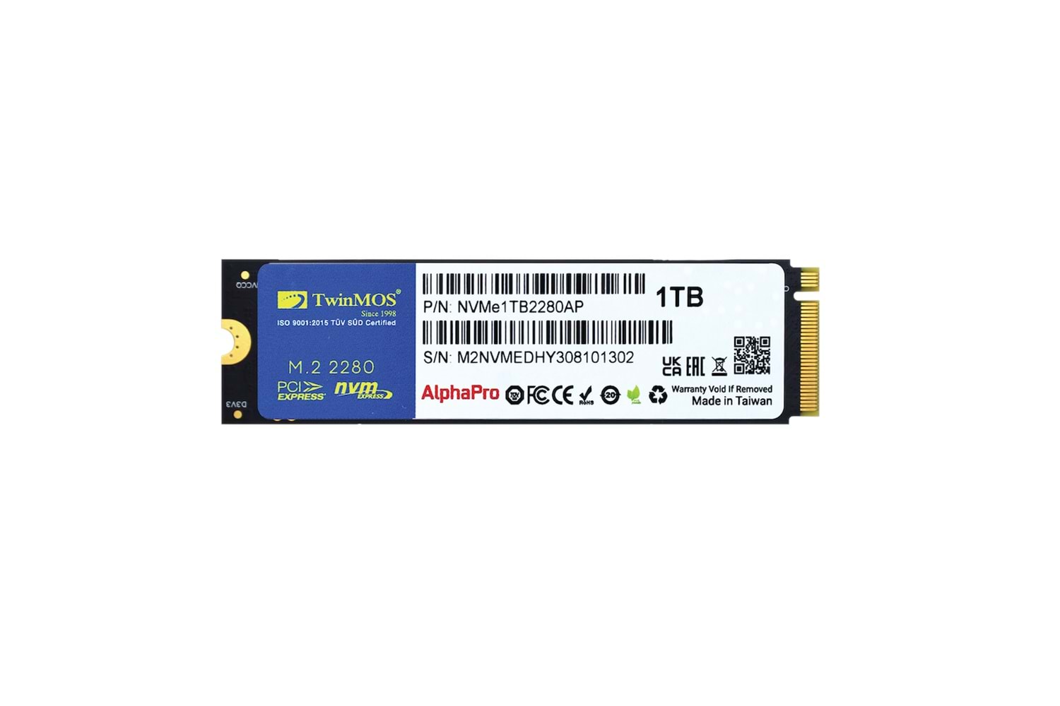 TwinMOS NVMe1TB2280AP, AlphaPro, 1TB, 3600-3250Mb/s, Gen3, NVMe PCIe M.2 2280, SSD, TLC, 3DNAND