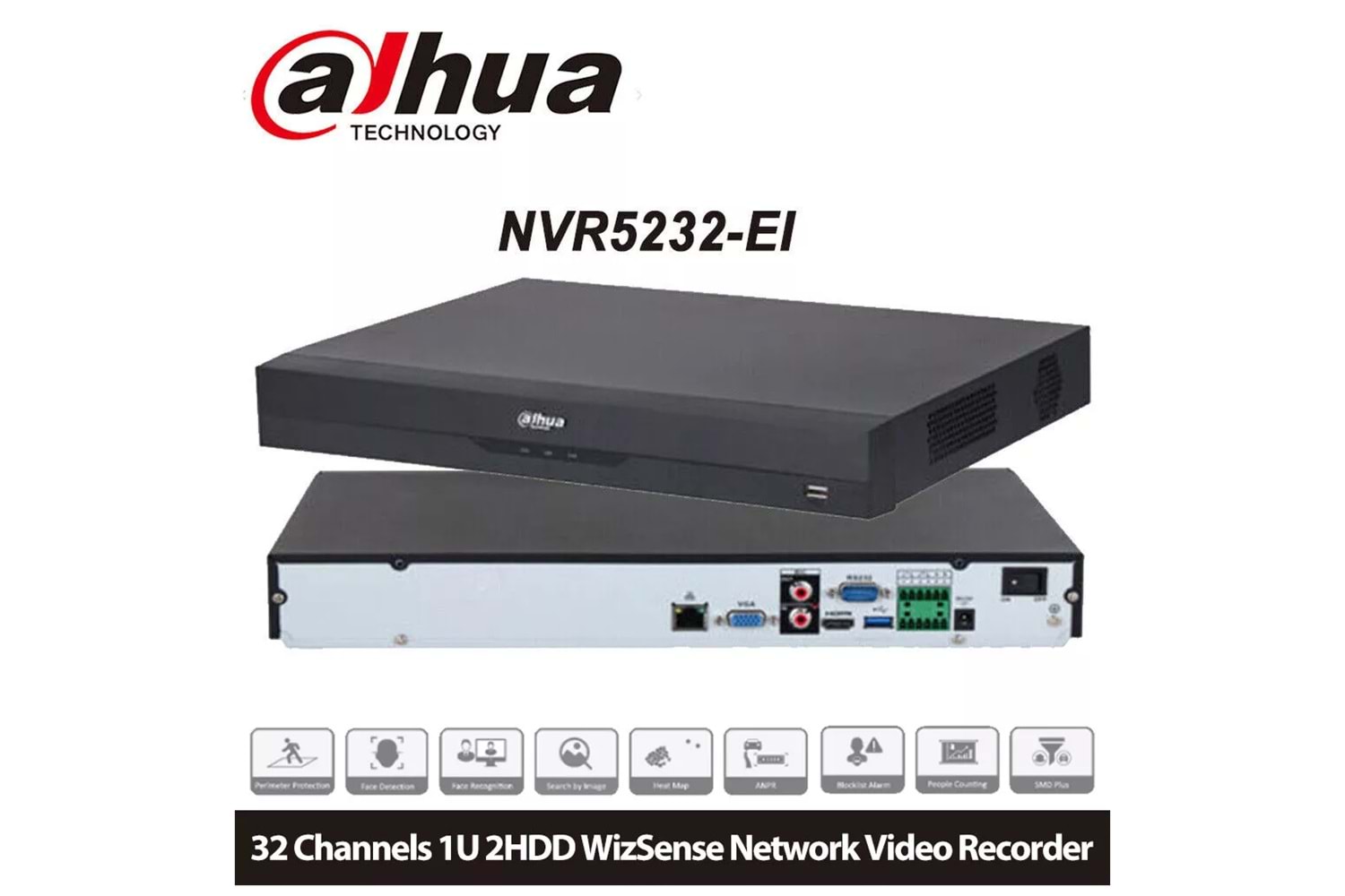 DAHUA NVR5232-EI, 32Kanal, 12Mpix, H265+, 2 HDD Desteği, 1080P Kayıt, 320Mbps Bant Genişliği, NVR
