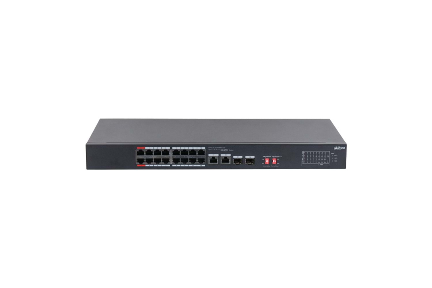 DAHUA S3218-16ET-135, 16 Port, Megabit, PoE 135W, 2 Port GigaBit Uplink, 2 Port GigaBit SFP, Longe Range 250Mt, Yönetilemez, Rack Mount Switch