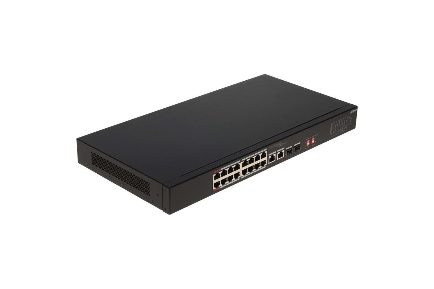 DAHUA S3218-16ET-135, 16 Port, Megabit, PoE 135W, 2 Port GigaBit Uplink, 2 Port GigaBit SFP, Longe Range 250Mt, Yönetilemez, Rack Mount Switch