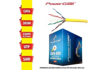 POWERGATE CAT6-BOX-YL, 23AWG, 0,57mm, UTP, CAT6 Kablo, 305m, Sarı