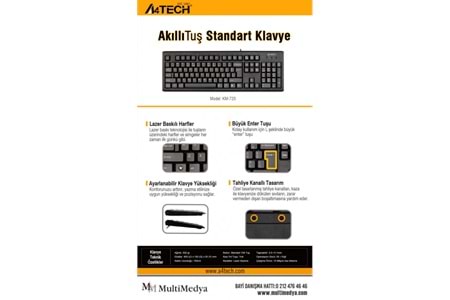 A4 TECH KM-720, Siyah, USB Kablolu, Türkçe Q, Multimedya KLAVYE
