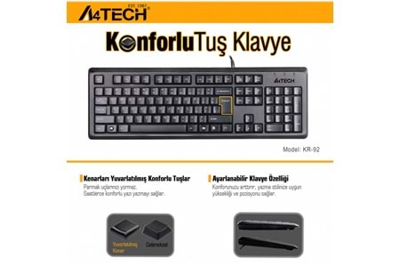 A4 TECH KR-92, Siyah, USB Kablolu, Türkçe Q, Multimedya, Klavye