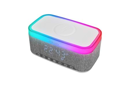 MIKADO MD-W8, 10W, Taşınabilir, USB/TYPE-C/BT/TF, RGB Işıklı, 1200mAh, 15W Kablosuz Şarj, Gece Lambası, Alarmlı Saat, Bluetooth Speaker