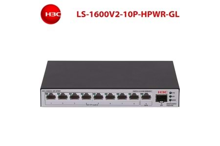 H3C S1600V2-10P-HPWR, 8 Port, GigaBit, PoE 125W, L2, 1 Port GigaBit Uplink, 1 Port GigaBit SFP, Web Yönetilebilir, Masaüstü Switch