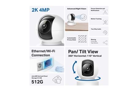 TP-LINK Tapo C222, 4,0Mpix, İç ve Dış Mekan, Wifi-Ethernet, 12Mt. Gece Görüşü, 360 Dönüş, Dikey ve Yatay Hareket, İki Yönlü Ses, Yapay Zeka Destekli Güvenlik Kamerası