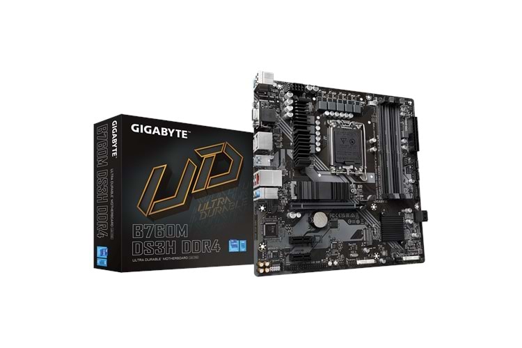 GIGABYTE B760M DS3H DDR4, rev.1.0, 4xDDR4, 2xM.2, 2xDP, HDMI, VGA, 12-13-14.Nesil, LGA1700 Soket, Anakart