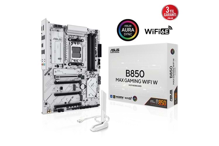 ASUS B850 MAX GAMING WIFI W, 4xDDR5, 3x M2, HDMI, DP, Type-C, Wi-Fi 6E, Bluetooth v5.3, AM5 Soket GAMING BEYAZ Anakart