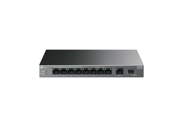 TP-LINK LS1210GP, Green Tech, 8 Port Gigabit, PoE 61W, 1 Port Gigabit Uplink, 1 Port Gigabit SFP, Yönetilemez Masaüstü Switch