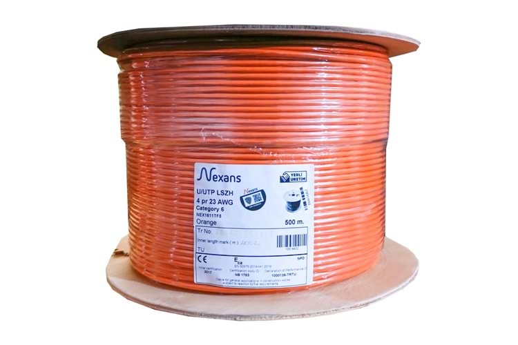 NEXANS NEX1611TF5, TURUNCU, CAT6, 500M, 23AWG (0,58mm), UTP, %100 Bakır, LSZH Halogen Free, Makara, Kablo