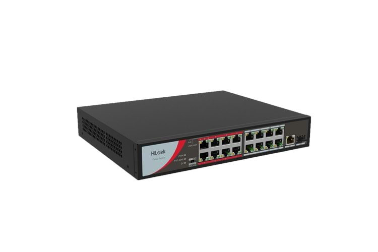 HILOOK NS-0318P-130(B), 16 Port, Megabit, PoE 130W, 1 Port GigaBit Lan, 1 Port GigaBit SFP, Long Range 250Metre, Yönetilemez, Masaüstü Switch